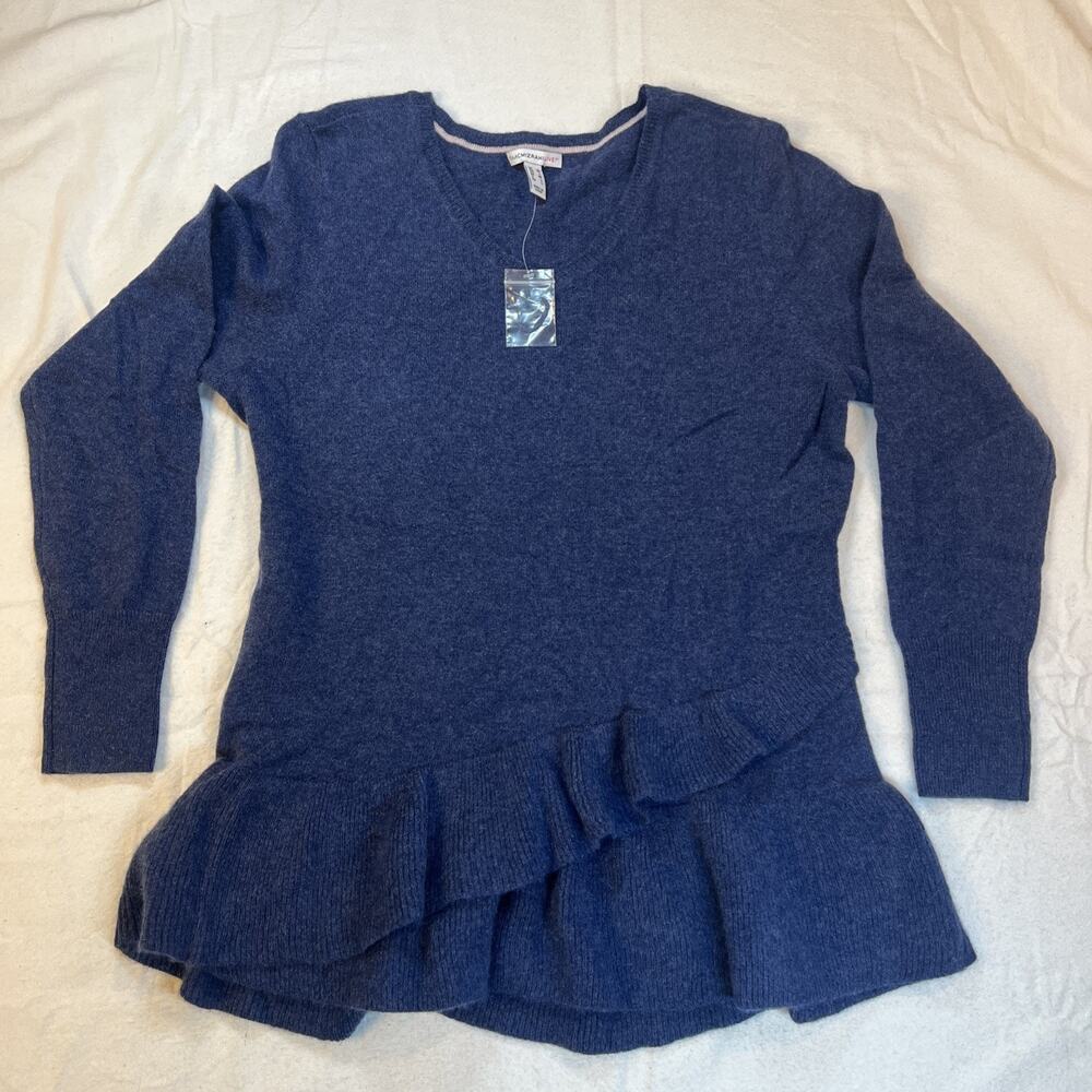 Isaac Mizrahi 2-Ply Cashmere Ruffle Peplum V-Neck Sweater HEATHER BLUE Sz Medium